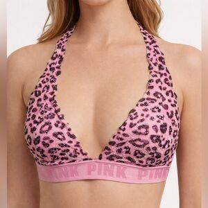 PINK Victoria's Secret Lace Bralette Leopard Print Halter Neck Pink XS